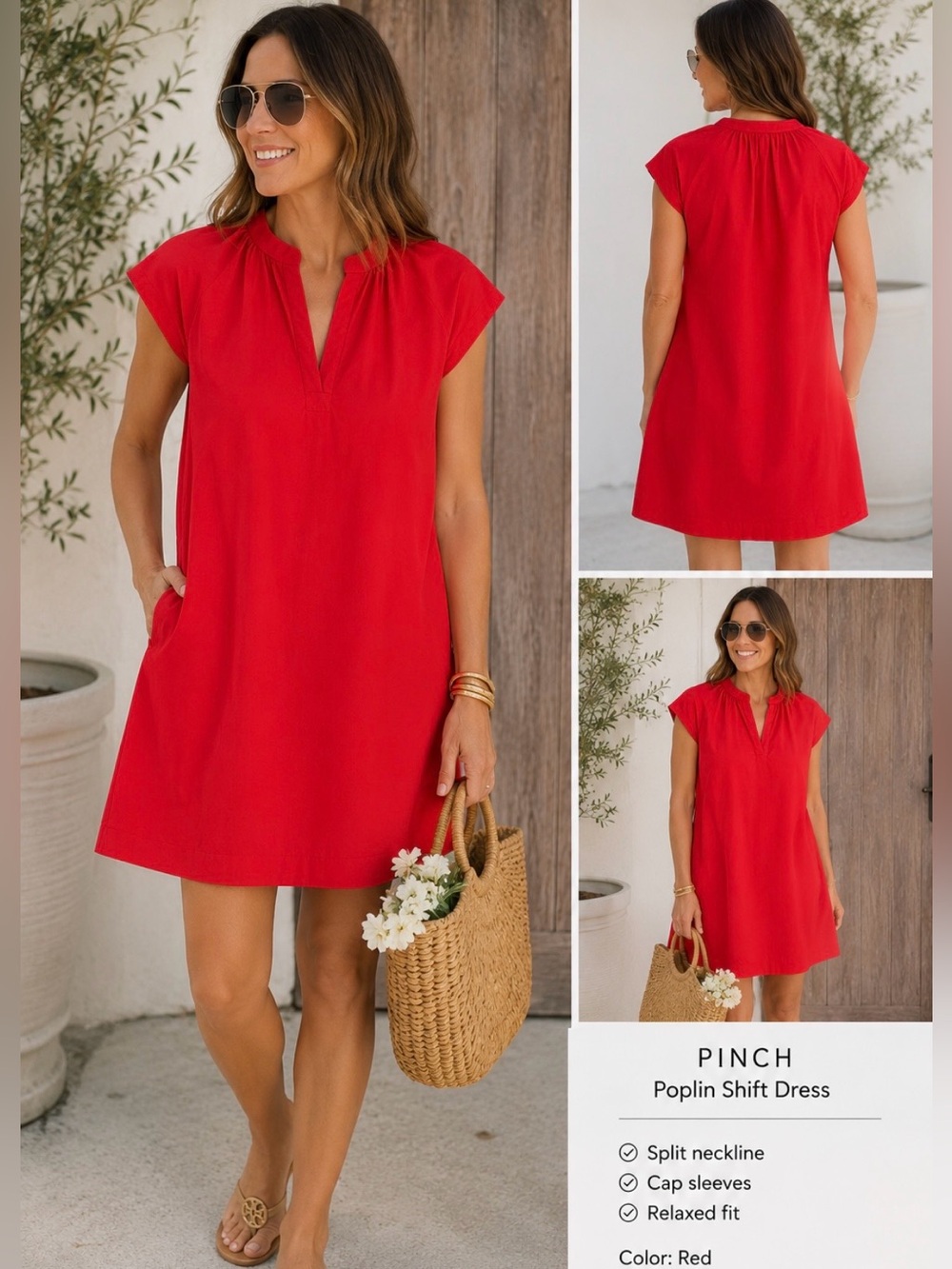 PINCH Red Poplin Shift Dress Cap Sleeve Split Neck Size S